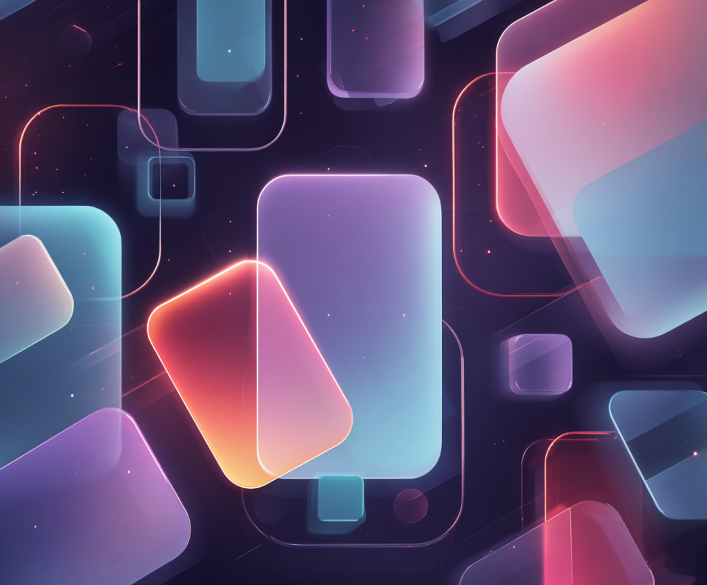 Formas geométricas abstractas e íconos de estilo de interfaz moderna que ilustran tendencias futuristas de diseño front-end para 2025.