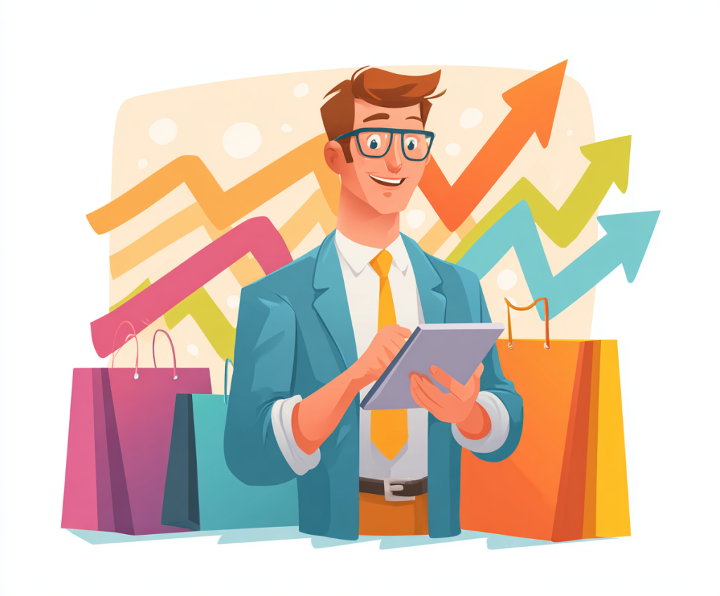 Hombre de negocios feliz sosteniendo una tableta con un gráfico positivo de fondo que simboliza aumento de ventas y mejores conversiones.