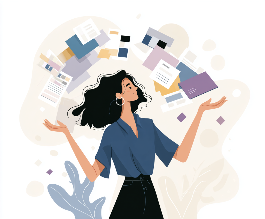 Mujer observando elementos flotantes similares a un sitio web que representan un diseño web cohesivo y una marca poderosa.